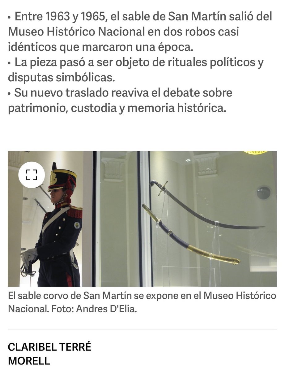 Escribí en <a href="/clarincom/">Clarín</a> sobre los dos robos del sable corvo de #SanMartin en el Museo Histórico Nacional. Ni este ni #Rosas dejaban que lo tocaran. Solo algunos elegidos. Rosas se ocupaba personalmente de limpiarlo.