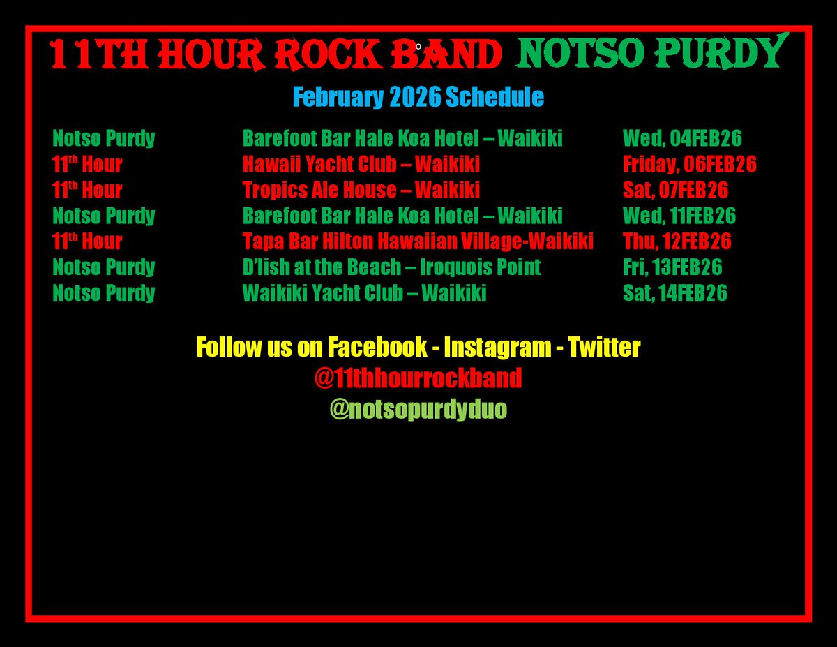 11thHourRock's tweet photo. 11th Hour Rock Band and Notso Purdy February 2026 Schedule https://t.co/4RsyBNDFJX