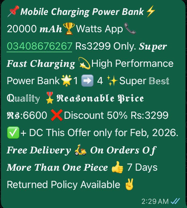 primeonlinesc's tweet photo. 📌𝙈𝙤𝙗𝙞𝙡𝙚 𝘾𝙝𝙖𝙧𝙜𝙞𝙣𝙜 𝙋𝙤𝙬𝙚𝙧 𝘽𝙖𝙣𝙠⚡️ 20000 𝒎𝑨𝒉🏆Watts App📞03408676267 𝑺𝒖𝒑𝒆𝒓 𝑭𝒂𝒔𝒕 𝑪𝒉𝒂𝒓𝒈𝒊𝒏𝒈 💫A-1Performa✨Super 𝔹𝕖𝕤𝕥 ℚ𝕦𝕒𝕝𝕚𝕥𝕪Rs:3299 ✅+ DC 𝑭𝒓𝒆𝒆 𝑫𝒆𝒍𝒊𝒗𝒆𝒓𝒚 🛵 𝑶𝒏 𝑶𝒓𝒅𝒆𝒓𝒔 𝑶𝒇 𝑴𝒐𝒓𝒆 𝑻𝒉𝒂𝒏 𝑶𝒏𝒆 𝑷𝒊𝒆𝒄𝒆 👍 https://t.co/m5ovSjHw8V