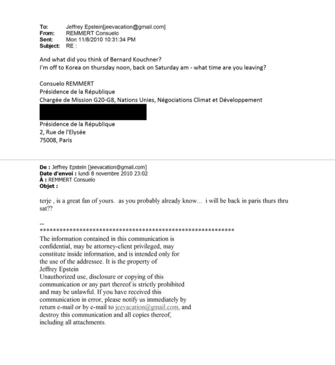 La demi soeur de Carla Bruni qui discute tranquillement de Bernard Kouchner avec Epstein depuis son adresse de l'Élysée ptdrrrrr c'est de la folie furieuse.