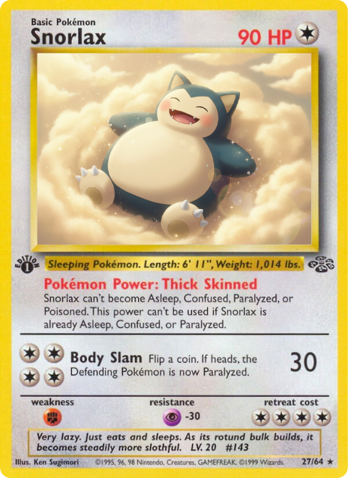 PokeTCGraphic's tweet photo. Snorlax #27/64 | Pokémon Jungle Set (1st Edition, 1999)

Original → Reimagined

▶️↓ https://t.co/SObCu5VgWg