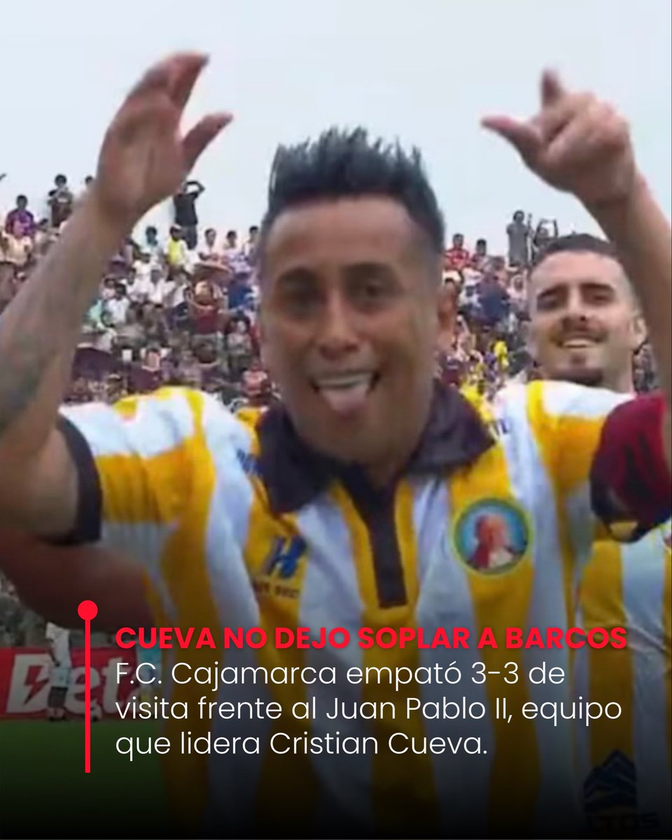 LaTribunaPer's tweet photo. 🚨Cueva no dejó soplar a Barcos
Juan Pablo II empató 3-3 al F.C. Cajamarca en un controvertido partido.
🟡53’ (P) Cueva - 96’ Henricks - Alaniz 102’
⚪️38’, 107’ Barcos - 72’ A. Rodriguez 
🟥 92’ Miguez https://t.co/dqGfI4fa4o