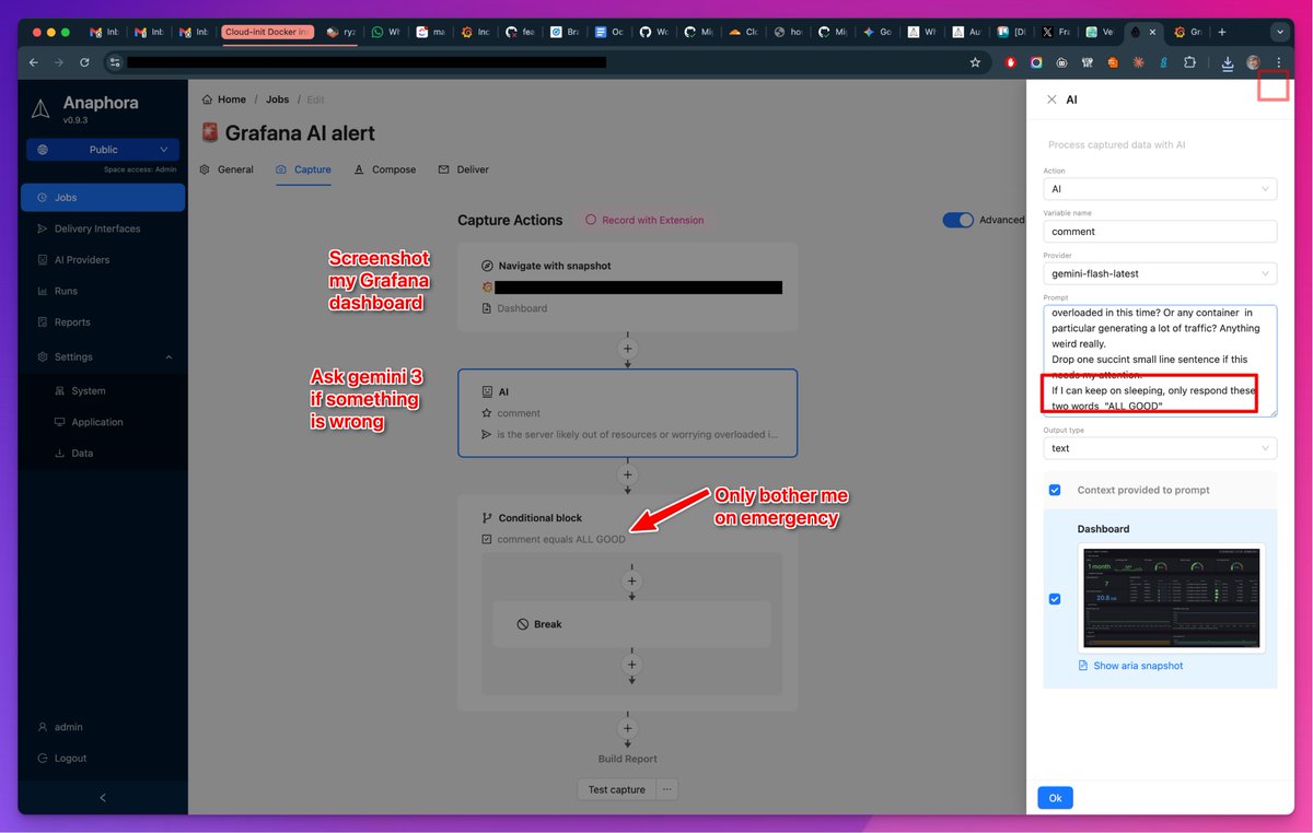 The most ignorant, yet brutally effective alerting system you can have. 

Thanks anaphora.it 🫶

1. Have a real browser login in <a href="/grafana/">Grafana</a> (or Kibana) 
2. Screenshot our kitchen sink dashboard (full page) 
3. Ask Gemini 3 flash to check anything is wrong + other