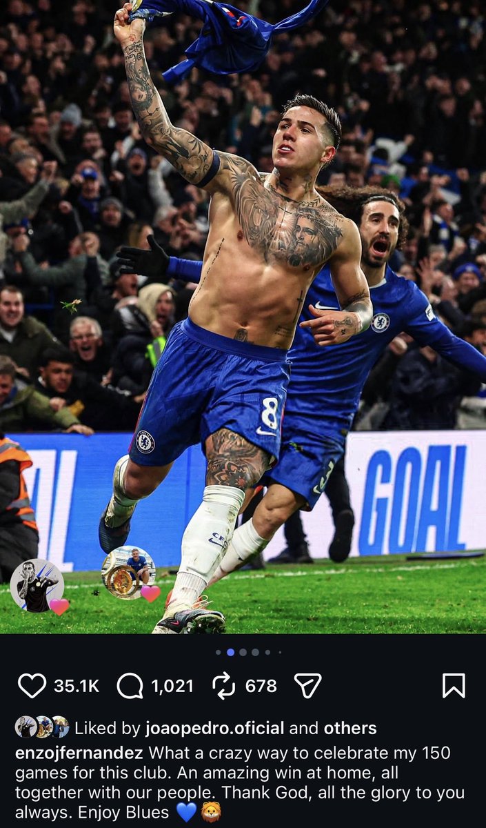🚨Enzo Fernandez on Instagram:

“What a crazy way to celebrate my 150 games for this club. An amazing win at home, all together with our people. Thank God, all the glory to you always. Enjoy Blues”