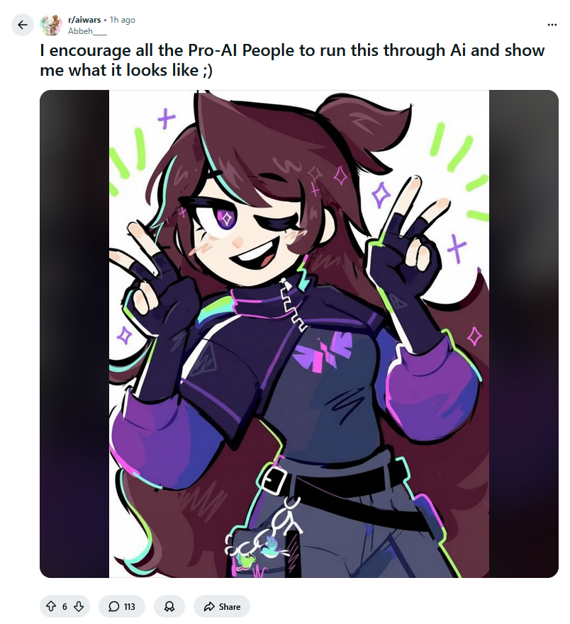 157_rojas's tweet photo. @Li_n_arts I'm sorry to bother you, but I wanted to bring this to your attention. A reddit user appears to be trying to pass off one of your drawings as their own and encouraging people to use AI on it. I suspect they're trying to stir the pot or something. https://t.co/2zmYZlFgla