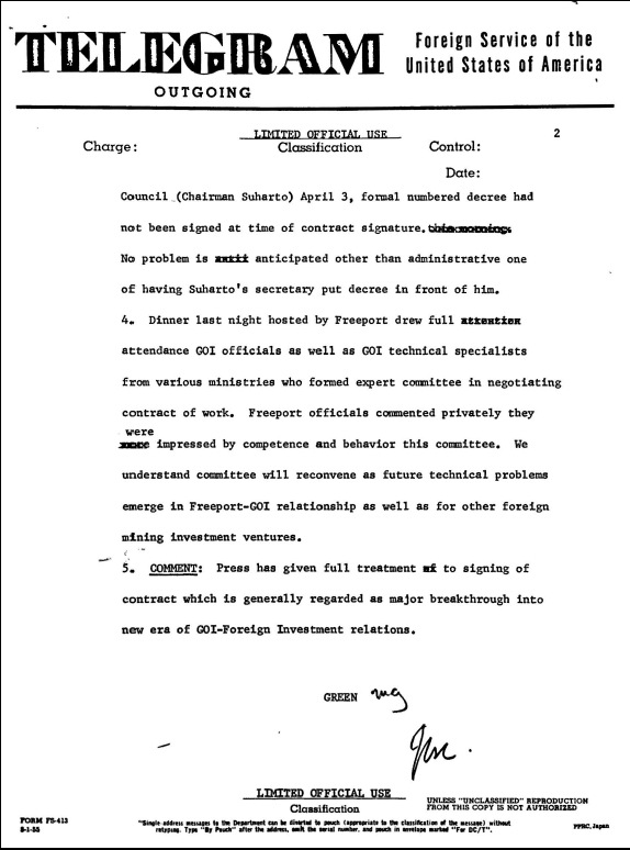 Telegram tanggal 8 April 1967 yang dikirimkan oleh Kedutaan Amerika Serikat di Jakarta ke Washington ini bisa menggambarkan bagaimana AS dan Indonesia berkonspirasi untuk menguasai tambang tembaga dan emas di Tanah Papua tanpa melibatkan orang Papua. Secara legal, West Irian