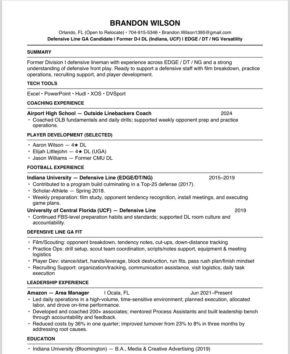 Actively seeking a college coaching opportunity (Analyst / GA / Volunteer). Former Indiana &amp; UCF player. Not focused on pay. Just looking to learn, grow, and contribute. Professional references and Resume available. Willing to relocate.

#Collegecoaching
 #FootballCoach
