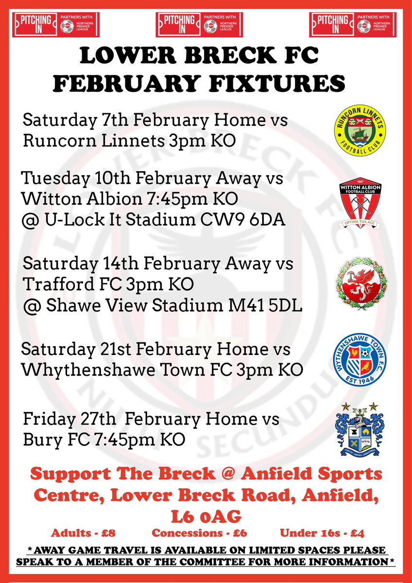 <a href="/lowerbreck/">LOWER BRECK FC</a> 

Leagues games for February.

Come down and support your local team at Anfield Sports &amp; Community Centre 

Up The Breck ⚽️❤️🖤