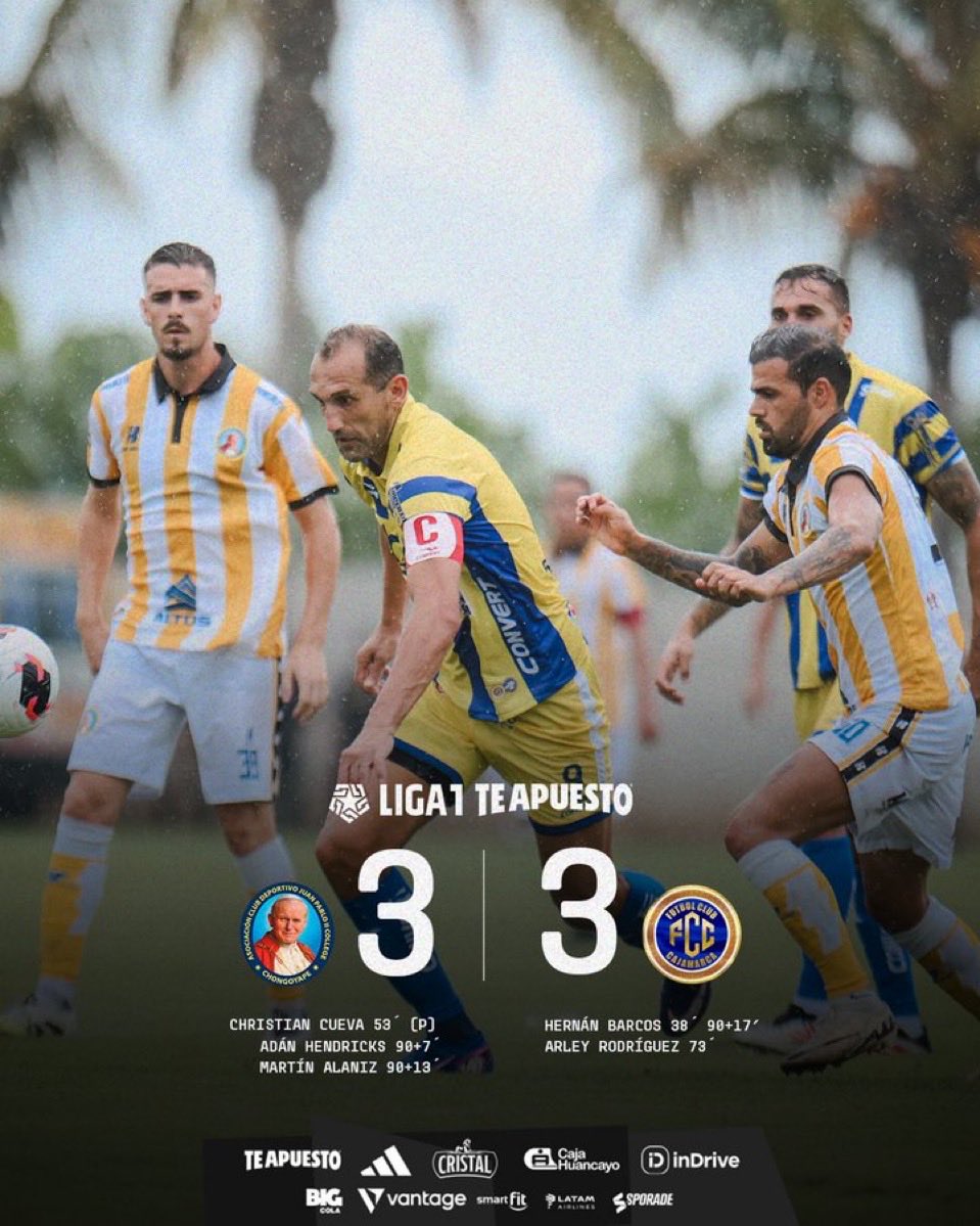 ¡PARTIDAZO EN CHONGOYAPE! 🤩

Juan Pablo II y FC Cajamarca empataron 3-3 en su estreno en la Liga 1.

🟡 Hernán Barcos (x2) y Arley Rodríguez marcaron para los cajamarquinos.

⚪️ Christian Cueva, Hendricks y Alaniz anotaron para el cuadro local.

🟥 Pablo Miguez se fue expulsado.