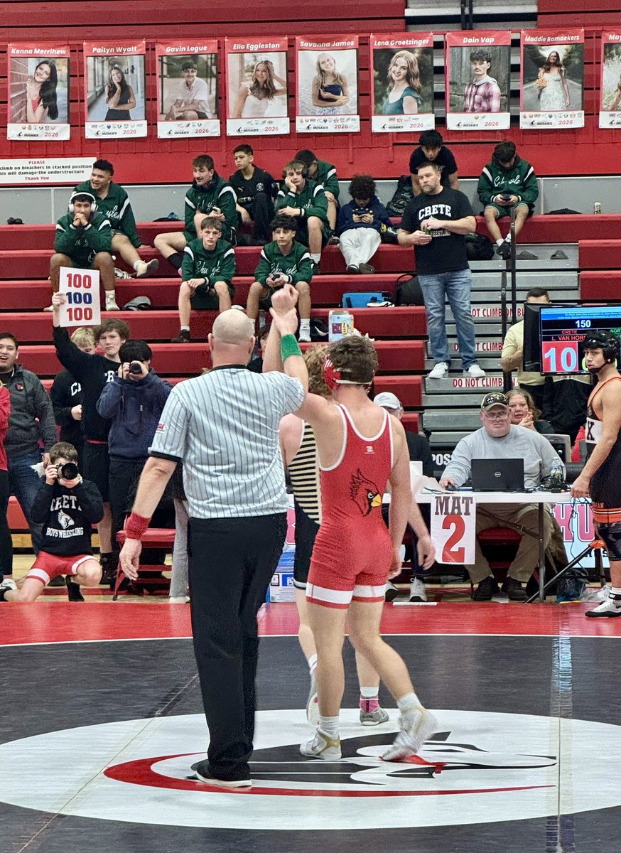 CreteWrestling's tweet photo. Congrats to Lyle Van Horn for earning his 100th career varsity win today! He placed 2nd at the Central conference tourney and he’s 39-4 on the season. Go Cards! https://t.co/MH8cj9cMnE