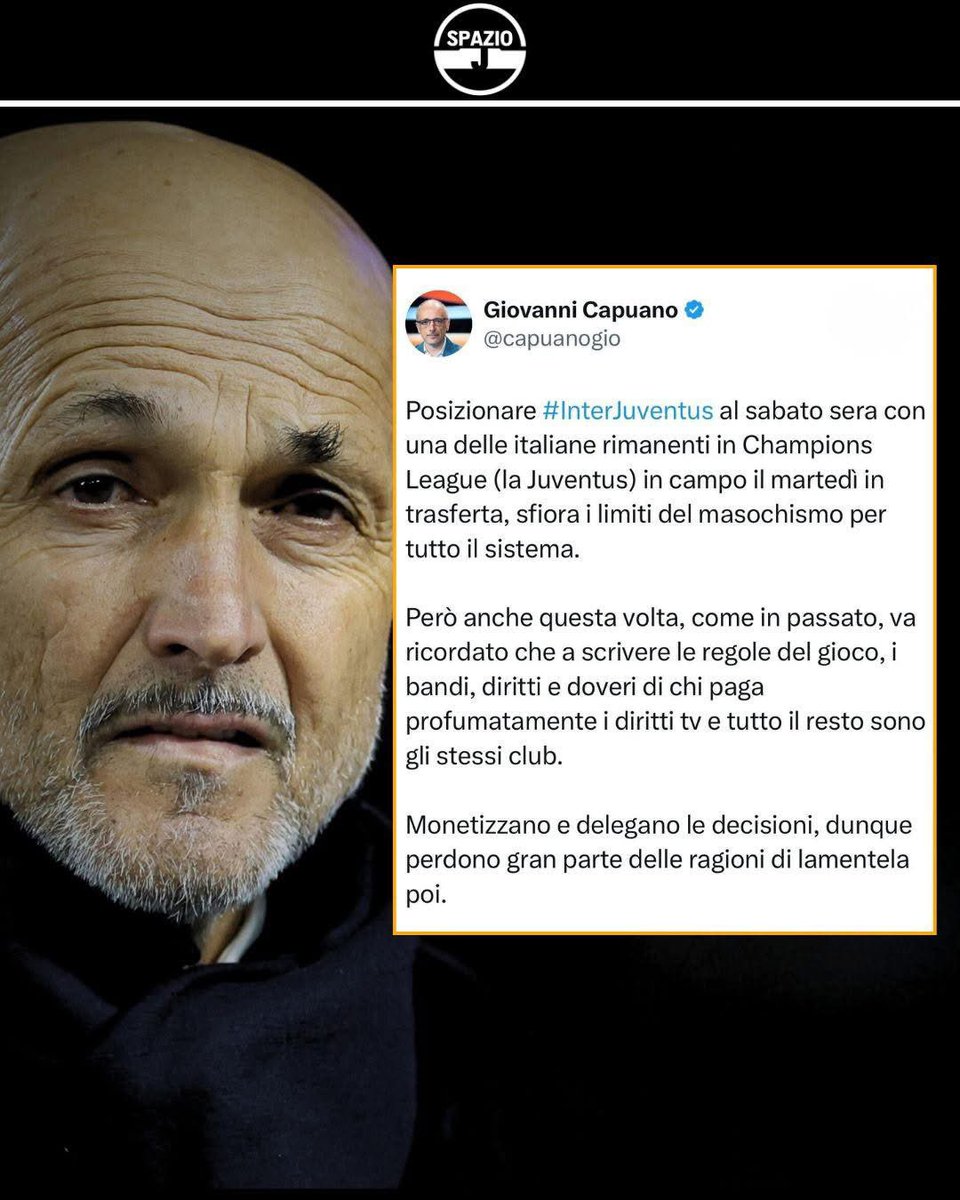 juventusfans's tweet photo. Non abbiamo mai pensato a complotti o magheggi vari, ma a questo punto alcune considerazioni sulla programmazione del calendario sono doverose! 🤌

Com’è possibile giocare in trasferta la partita di #CoppaItalia contro l’#Atalanta il giovedì sera e poi rigiocare in #SerieA la domenica sera contro la #Lazio? Non si poteva giocare lunedì? 🤷🏻‍♂️

Ma soprattutto, com’è possibile programmare #InterJuventus sabato sera con l’andata dei #playoff di #ChampionsLeague, peraltro in trasferta, il martedì successivo alle ore 18:45? Perché non anticiparla a venerdì sera? 🤷🏻‍♂️

E poi, perché mettere #PisaMilan il venerdì sera, invece di #InterJuventus, visto che il #Milan non gioca le coppe europee? 🤔

Sinceramente facciamo davvero tanta fatica a capire questa programmazione piuttosto discutibile e strana del calendario… 🙄