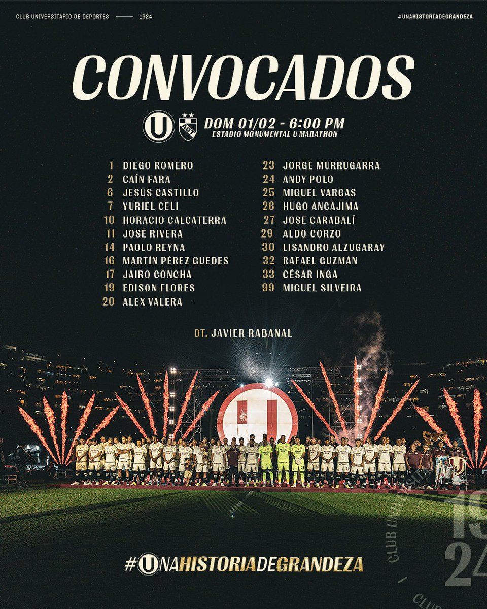 𝗟𝗜𝗦𝗧𝗔 𝗢𝗙𝗜𝗖𝗜𝗔𝗟 📋

Estos son nuestros convocados para enfrentar a <a href="/ADTarma1929/">Asociación Deportiva Tarma</a> por la fecha 1 del Apertura 2026.

#UnaHistoriaDeGrandeza