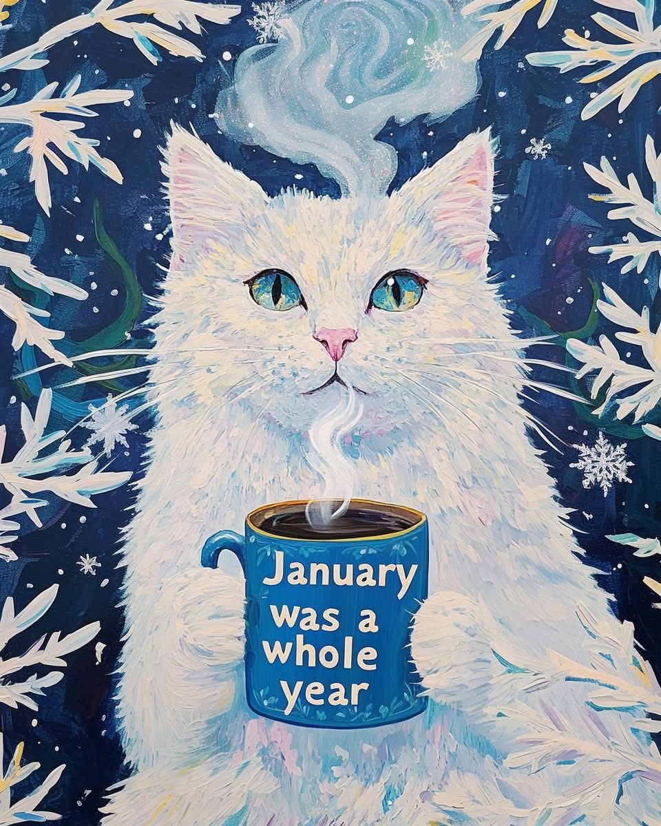 lesdotcom's tweet photo. Happy Caturday y’all ☕️💜 January was a bit rough towards the end for me. Hope y’all fared better. Credit to Shaylas Art Sanctuary for the picture https://t.co/t9Vajjgkey