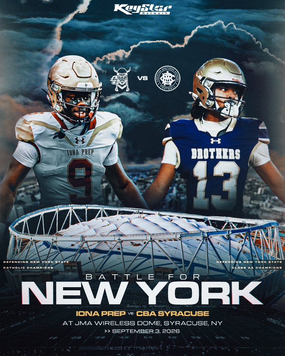 KeyStarNetwork's tweet photo. Iona Prep, the defending NY Catholic State Champions, will face off against CBA Syracuse, the defending NY Class AA State Champions. @ionafootball @CBASyrFootball

The Battle for New York is set at the Dome on September 3rd.🗽 https://t.co/QeqOaIcPTj