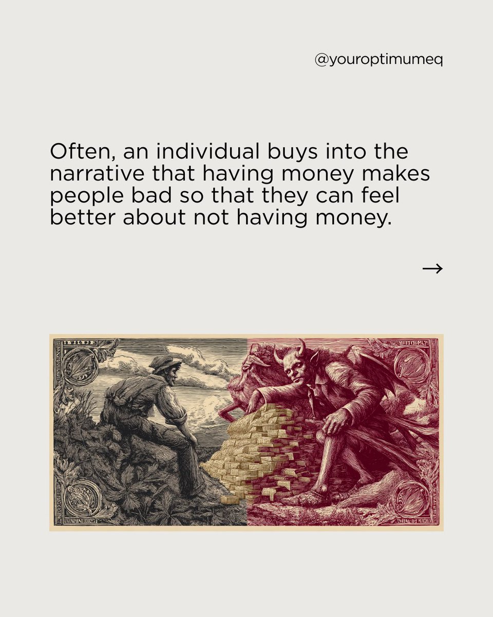 YourOptimumEQ's tweet photo. The narrative that money is evil, originally adopted in an effort to soothe psychological discomfort, instead creates an internal struggle:

“I hate rich people, but I also want to be rich people.”

This can make it uncomfortable for individuals from lower SES to break away from beliefs and behaviors that keep them poor and make adopting those that build and maintain wealth more challenging.

Individuals such as these may subconsciously self-sabotage and gravitate to destructive patterns that keep them locked in a cycle of returning to a more familiar but less favorable standard of living.