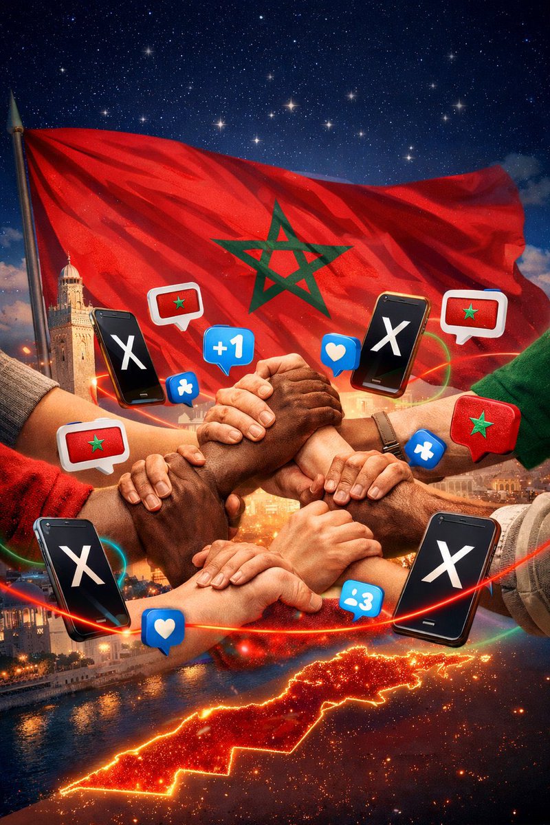 نطلب من جميع المغاربة دعم حسابات بعضهم البعض على تطبيق إكس، بهدف تعزيز الحضور المغربي، إيصال صوتنا بشكل أوسع، والدفاع عن قضايا المغرب بشكل منظم وفعّال. كل من شاهد هذا المنشور نرجو منه إعادة نشره ليصل إلى جميع المغاربة🇲🇦📌.