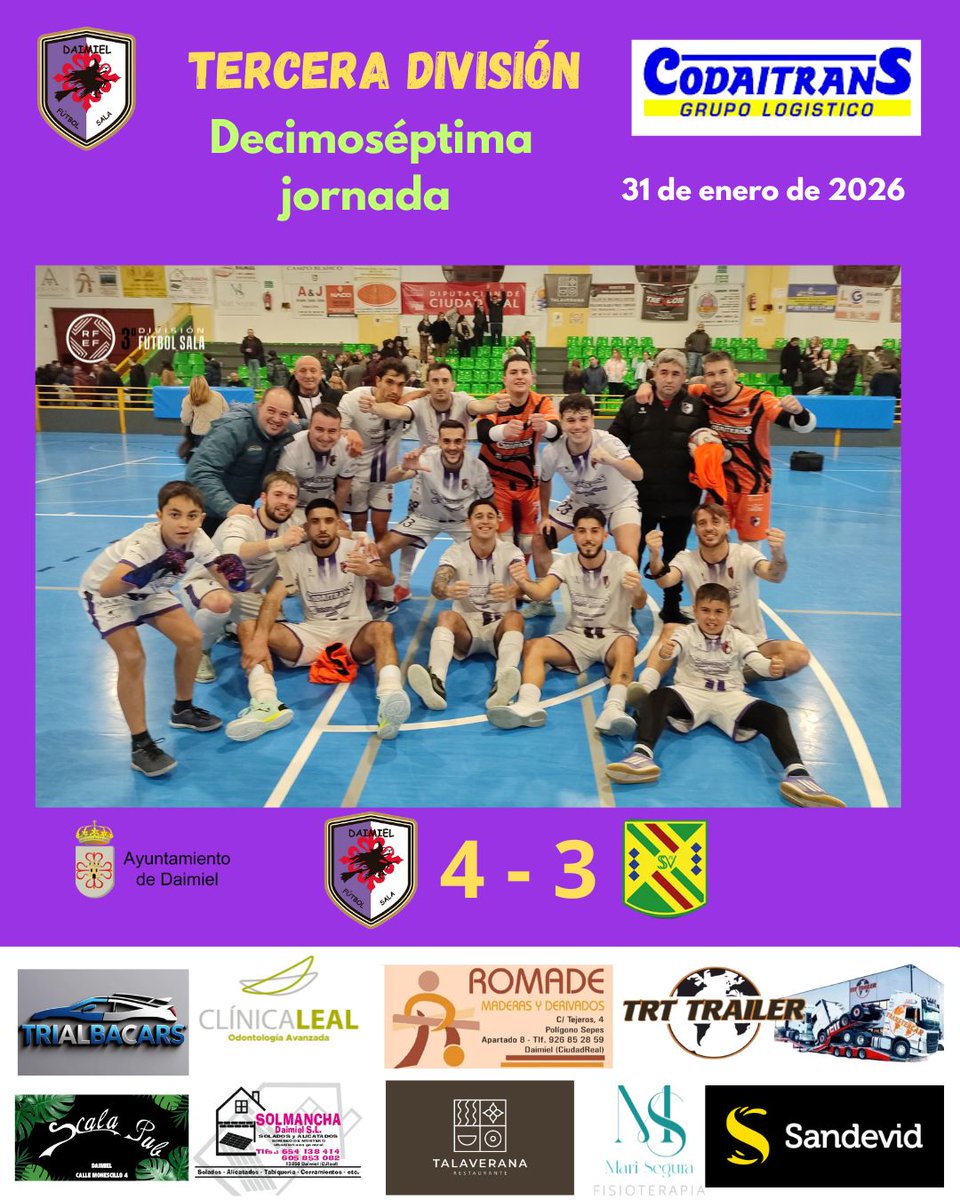 𝐏𝐀𝐑𝐓𝐈𝐃𝐀𝐙𝐎 ✅

Que partido el vivido hoy en el 🏟️

Que ambiente 💯

Que manera de competir 😱

⚽ #Martin
⚽ #marcos
⚽ #musta
⚽ #guaje 

Agradecer al numeroso público 🗣️ que en ➕ de 600 personas nos han apoyado 💜

Mañana crónica y 📸 

#CodaitransDaimielFutbolSala s