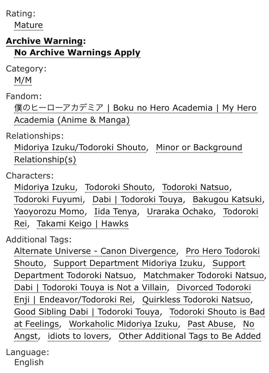 𝐧𝐨𝐛𝐨𝐝𝐲 𝐰𝐚𝐧𝐭𝐬 𝐭𝐨 𝐡𝐞𝐚𝐫 𝐲𝐨𝐮 𝐬𝐢𝐧𝐠 𝐚𝐛𝐨𝐮𝐭 𝐭𝐫𝐚𝐠𝐞𝐝𝐲- when Shouto needs a prosthetic leg, Natsuo offers to make it- until he realises he can hand the job to Izuku in an attempt to set the two of them up.

tddk | ch 3 | 11k words

archiveofourown.org/works/76665831…