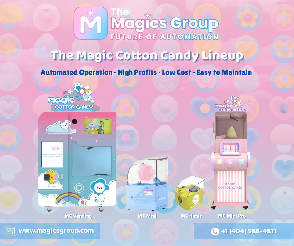 One product. Multiple ways to profit. 🍭📈
The Magic Cotton Candy lineup gives businesses flexible, automated machines that adapt to different spaces, traffic levels, and revenue goals. Easy to run, easy to scale, and built for ROI.

Visit us at magicsgroup.com