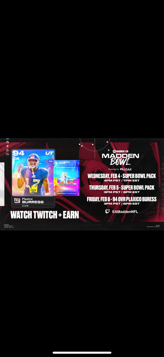 Moshimadden's tweet photo. We have two Different sets of Twitch drops next week.

1. To get your sketch card and token, watch one hour of streams on Sketch’s, EA’s channel, and Cam Skattebos Twitch channel. 

2. MCS Plaxcio Burress is a three-day event (February 4-6) for the Madden Bowl. By watching every single day, you’ll receive different rewards.

Plax will be earnable on Day three, or February 6.