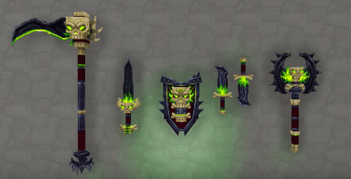 RuneteriaServer's tweet photo. A look at the 5 new completely custom weapons we've added to Runeteria!💀These will either be dropped directly or crafted with materials from our dungeon "Hollow Crypt"☠️We've added custom particles and trails along with emissive textures to give the weapons that extra skeletal finish👌

Also notice the custom signature ability added to our first UNIQUE item💫 @AumoNamoly Has been cooking🧑‍🍳

Stay tuned for the first look at our custom made boss fight with some spicy custom mechanics!

#Hytale