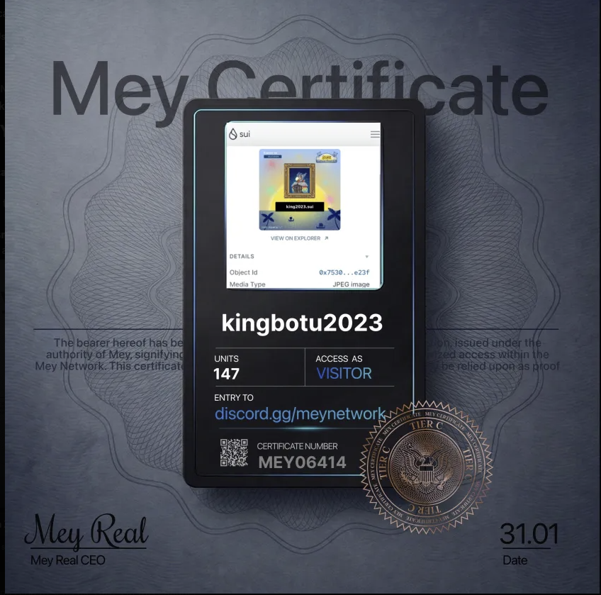 king_botu's tweet photo. Claimed my **MEY Certificate**.

Unlocked my Visitor role inside MEY's Discord HQ.
• Tier: Tier C • Units Allocated: 147 Units
Which tier did you get?

@mey_network → https://t.co/2rf8WjSI6Z https://t.co/8TKXBkh48I