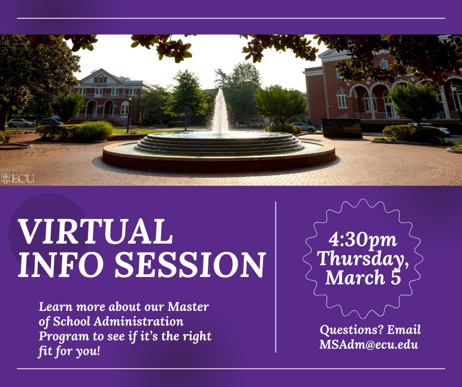ECU_COE's tweet photo. MSA Info Session 📢 

Interested in school administration? Attend our March 5th virtual information session to see if our Master of School Administration program is right for you!

Register for the 4:30 PM EST session ➡️ https://t.co/Jx3Lk1dQPy https://t.co/S7WcladgGm