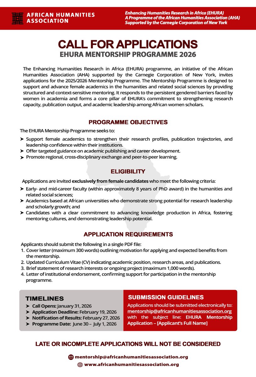 AfriHumanities's tweet photo. Application for EHURA Mentorship Programme 2026 is now opened. 

Kindly visit our website https://t.co/nyH42GgdCp for more details. 

Application closes on Thursday, February 19, 2026. https://t.co/xCAnTW2Jef