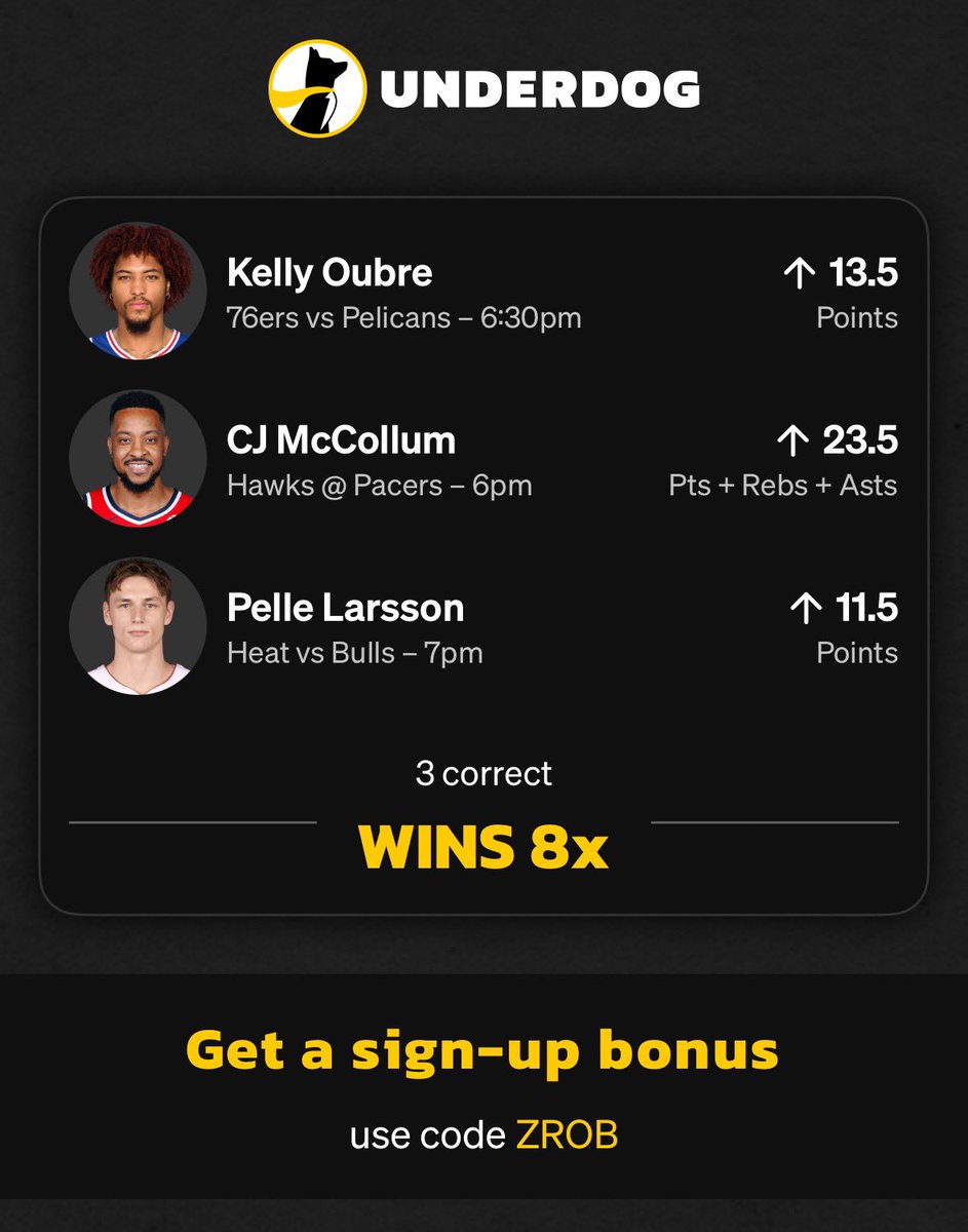 ZRob4444's tweet photo. Underdog boosted 8x NBA play🏀🚀

Play just $5 and get $75 in bonus funds when you sign up with code zrob4444

https://t.co/kcF17OE1gw https://t.co/d1ojxjTQQH