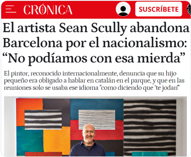CCivicaCatalana's tweet photo. El estadounidense Sean Scully, uno de los artistas más reconocidos en museos de Europa, Asia y EEUU, harto de los obsesos lingüísticos catalanistas:

“A nuestro hijo no le dejaban hablar español ni en el patio del recreo. Ya basta." https://t.co/0FL2pok45D