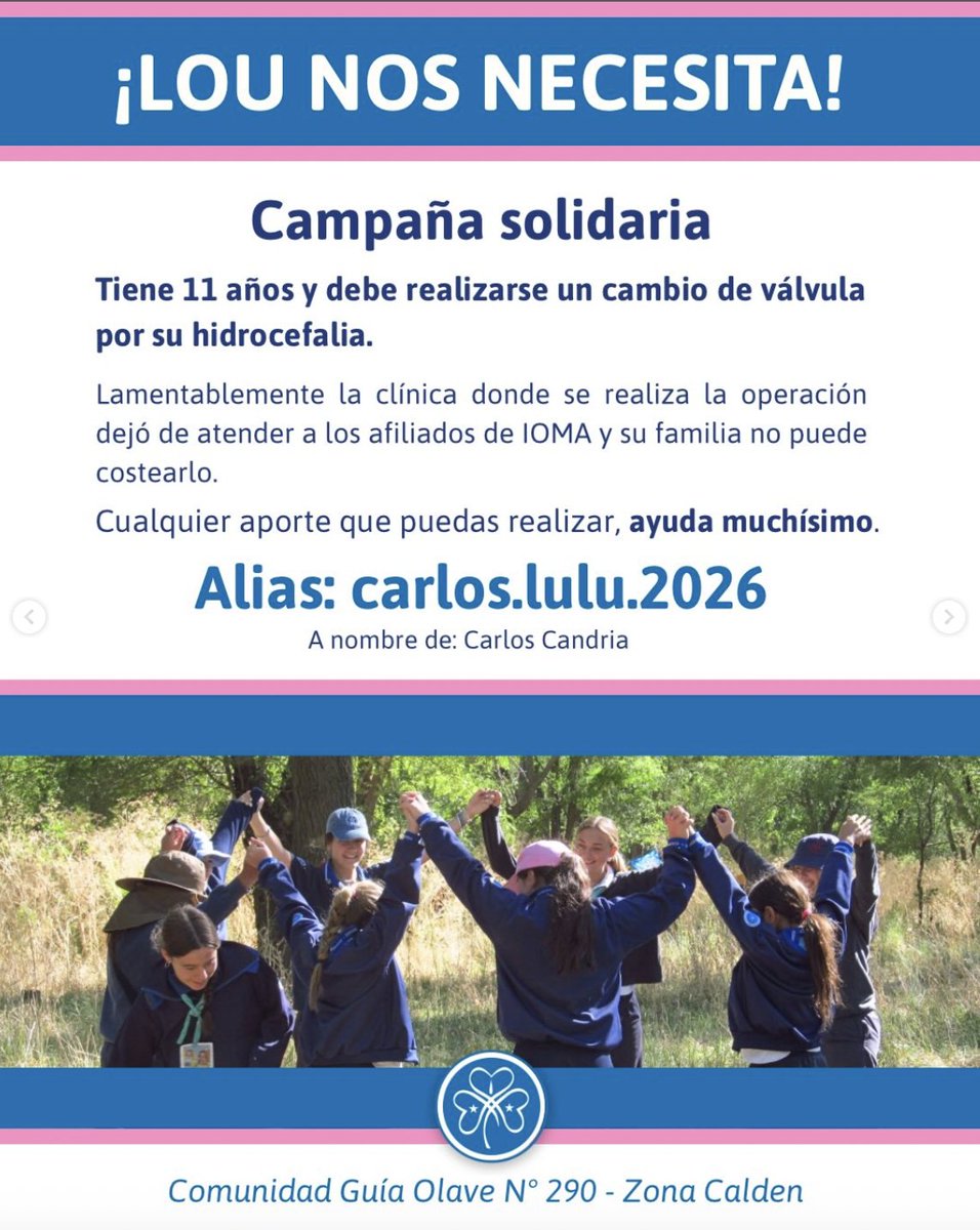 GuiasArgentinas's tweet photo. 💙 Seguimos difundiendo

Desde la @comunidadguiaolave (instagram) de Bahía Blanca están llevando adelante una acción a beneficio de Lou (11 años), una de sus Guías.

Sumá tu donación, compartí y ayudemos a que esta red de cuidado y solidaridad llegue más lejos. https://t.co/idxmfr8ZrP