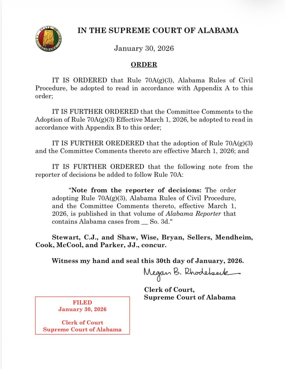 GregoryCook's tweet photo. Our Court has just amended Alabama Rule of Civil Procedure 70A to make clear the unadjudicated claims for contempt are deemed denied and thus judgments are final and capable of appeal. This can be particularly important in domestic relations cases. https://t.co/t7NUiWDXAF