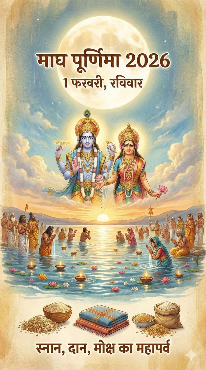 आप सभी को माघ पूर्णिमा की हार्दिक शुभकामनाएँ ||
हिंदू धर्म में माघ पूर्णिमा का विशेष महत्व है,
 माघ पूर्णिमा को महा माघी और माघी पूर्णिमा जैसे नामों से भी जानते हैं।
धार्मिक मान्यताओं के अनुसार 27 नक्षत्रों में एक मघा से माघ पूर्णिमा की उत्पत्ति हुई है। 
पौराणिक कथाओं के अनुसार