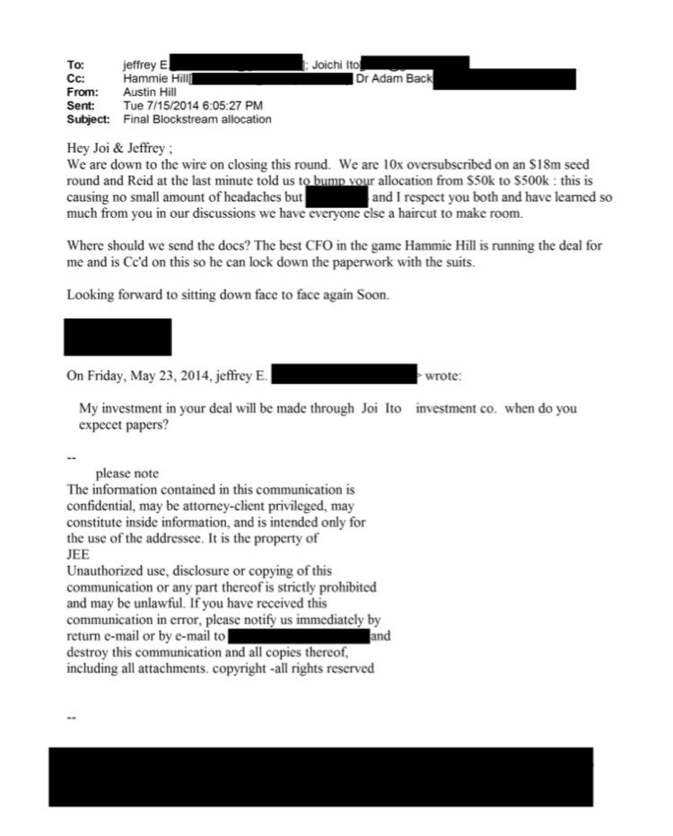 kurtwuckertjr's tweet image. Looks like Adam Back had some Caribbean fun with Jeffrey Epstein too, and Austin Hill (Blockstream’s moneybags guy with Reid Hoffman) wanted Jeffrey to own a bigger chunk of Blockstream equity. 

Again, a decade ago, we were screaming that there was a major psyop to take over