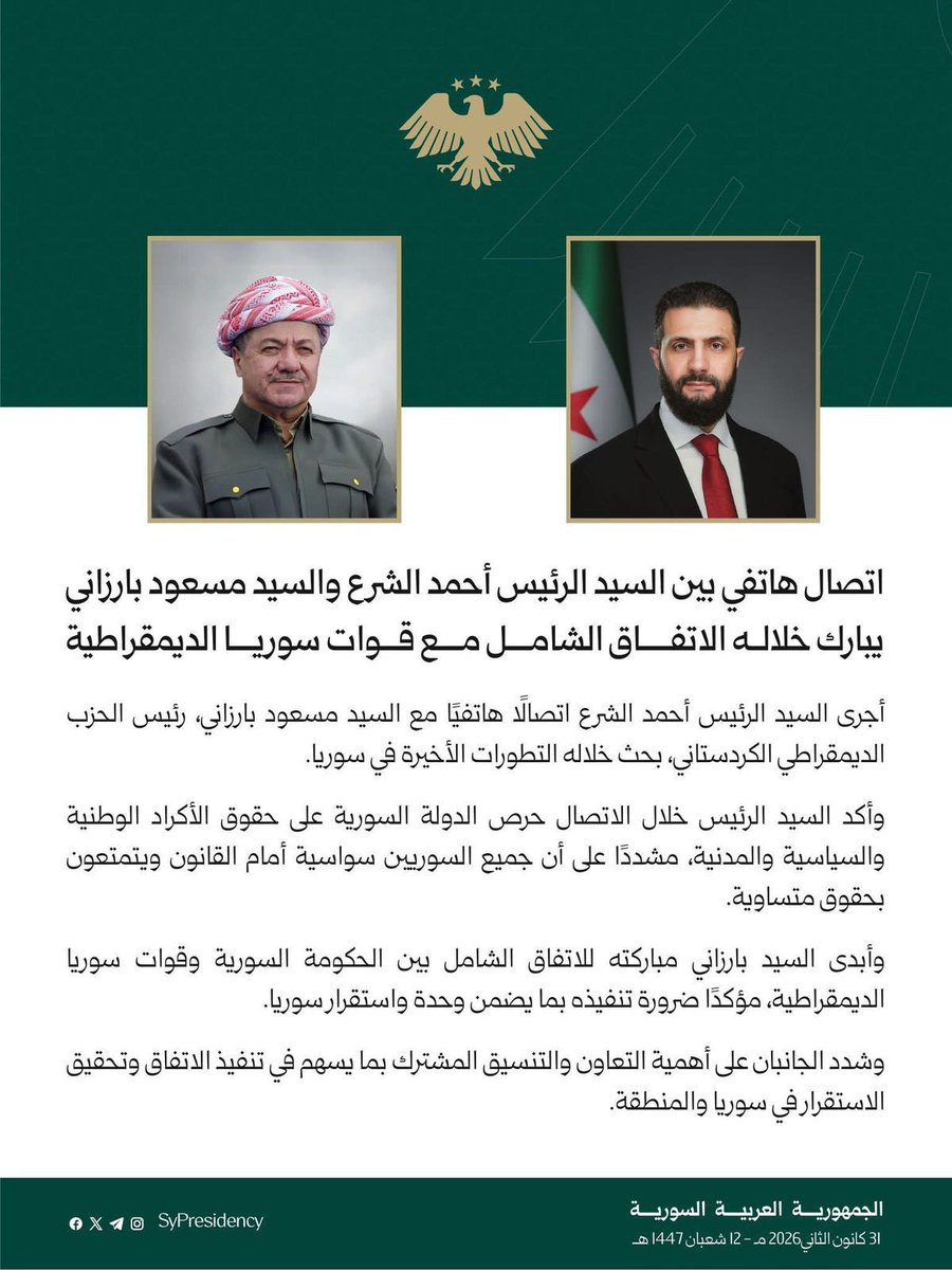 اتصال هاتفي بين السيد الرئيس  والسيد مسعود بارزاني يبارك خلاله الاتفاق الشامل مع قوات سوريا الديمقراطية ،واكد السيد الرئيس خلال الاتصال  حرص الدولة السورية على حقوق  الأكراد الوطنية والسياسية والمدنية ، مشدداً إن جميع السوريين سواسية أمام القانون ويتمتعون بحقوق متساوية 🤍
#سوريا