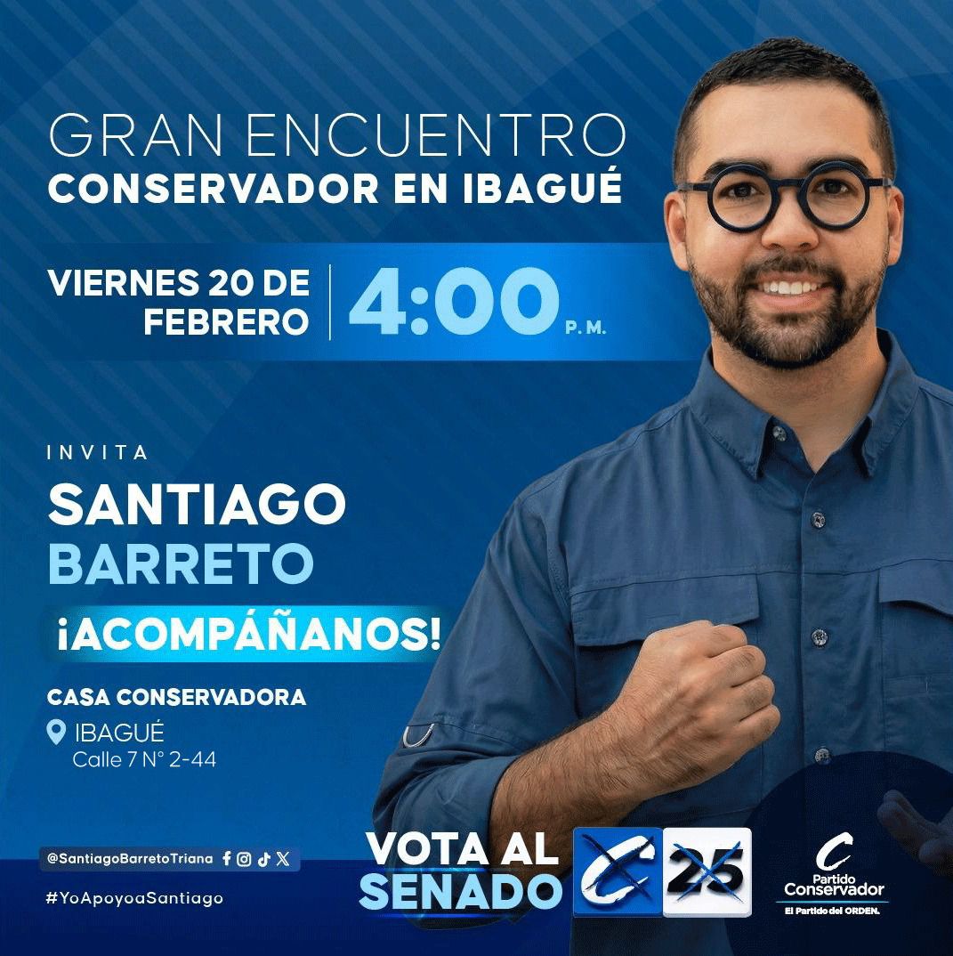 Este viernes 20 de febrero tenemos una gran cita.

Acompáñanos junto a <a href="/TrianaBarreto/">Santiago Barreto Triana</a>, nuestro próximo senador C25, desde las 4:00 p. m. en la Casa Conservadora.