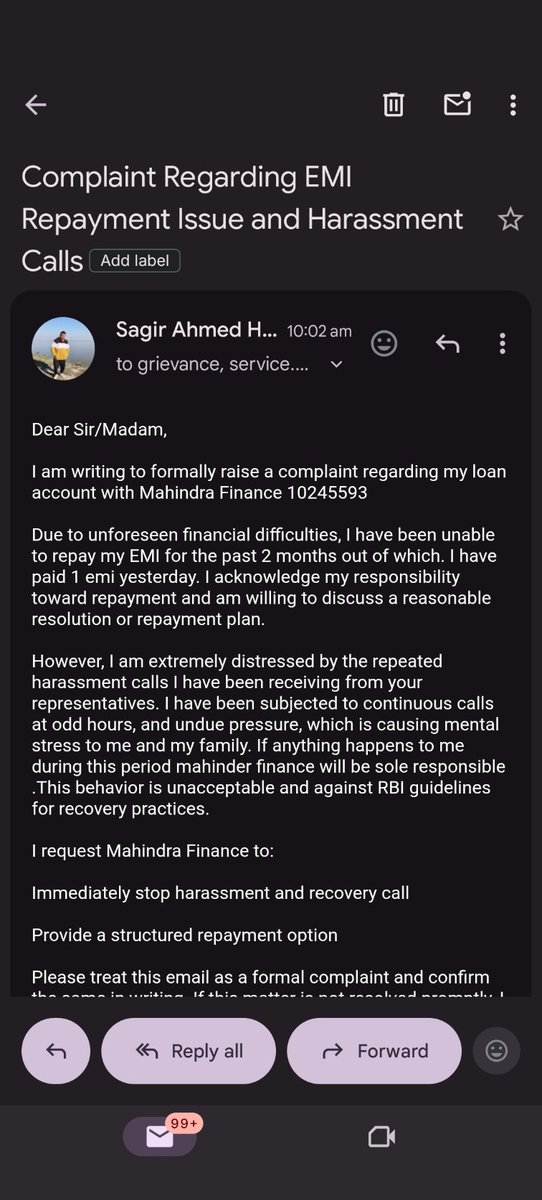 sa00804334's tweet photo. Facing persistent harassment calls from Mahindra Finance in violation of fair recovery norms. Requesting @mahinderfinance and regulators to take note and act. #Harassment #CustomerProtection @anandmahindra @MahindraRise https://t.co/GxjvDSlYDA