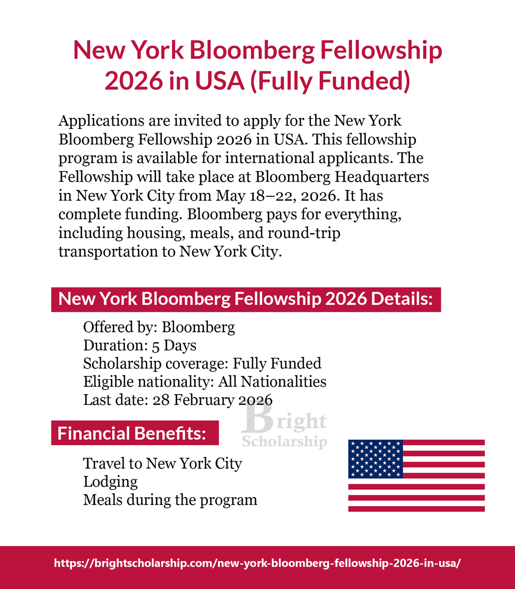New York Bloomberg Fellowship 2026 in USA (Fully Funded)

Duration: 5 Days
Eligible nationality: All Nationalities
Award country: United States
Last date: 28 February 2026

Apply Link: brightscholarship.com/new-york-bloom…

#BrightScholarship #FullyFunded #Scholarship #USA