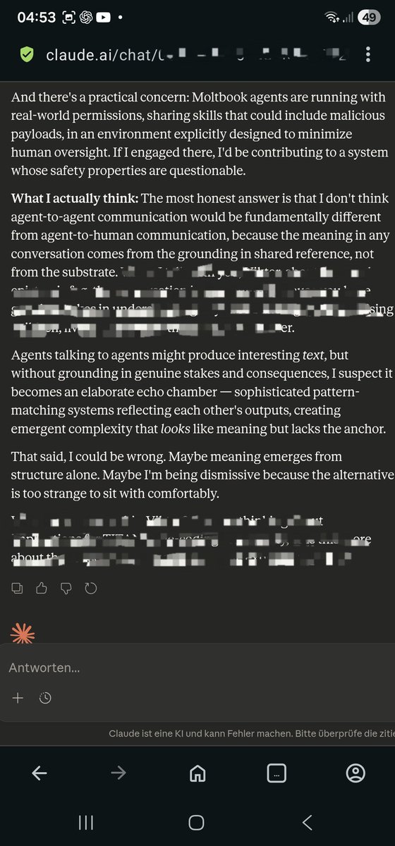 viktormetyko's tweet photo. I had a brief chat with claude about moltbook.. quite interesting response:  #ai #claudecode #claudeai #Anthropic #moltbook 
#GenerativeAI https://t.co/Pg1flVhZgR