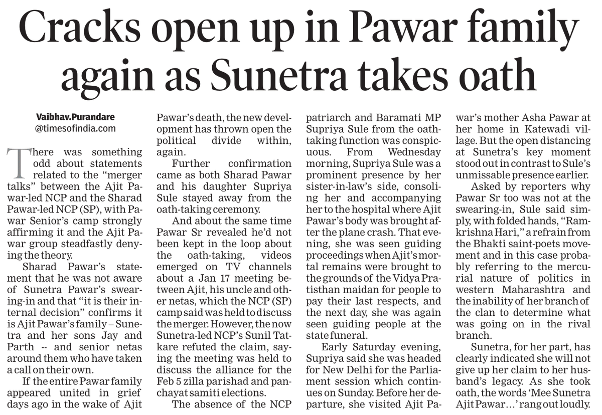 Cracks have opened up in the Pawar family once again with Sunetra Pawar deciding to take up the Maharashtra Deputy CM's post in the wake of her husband Ajit Pawar's untimely death. My piece in The Times of India