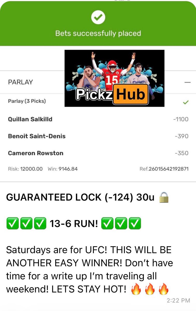 14-6 RUN NOW ANOTHER EASY ASS WINNER! 🤑

GUARANTEED LOCK (-124) 30u 🔒✅
ROWSTEN ✅
SALKILLD ✅
SAINT DENIS ✅

14-6 RUN🔥 14-6 RUN🔥 14-6 RUN!🔥

I TOLD YALL WE REALLY WIN FOREAL IN VIP!
Use code NBA40 ➡️ PickzHub.com