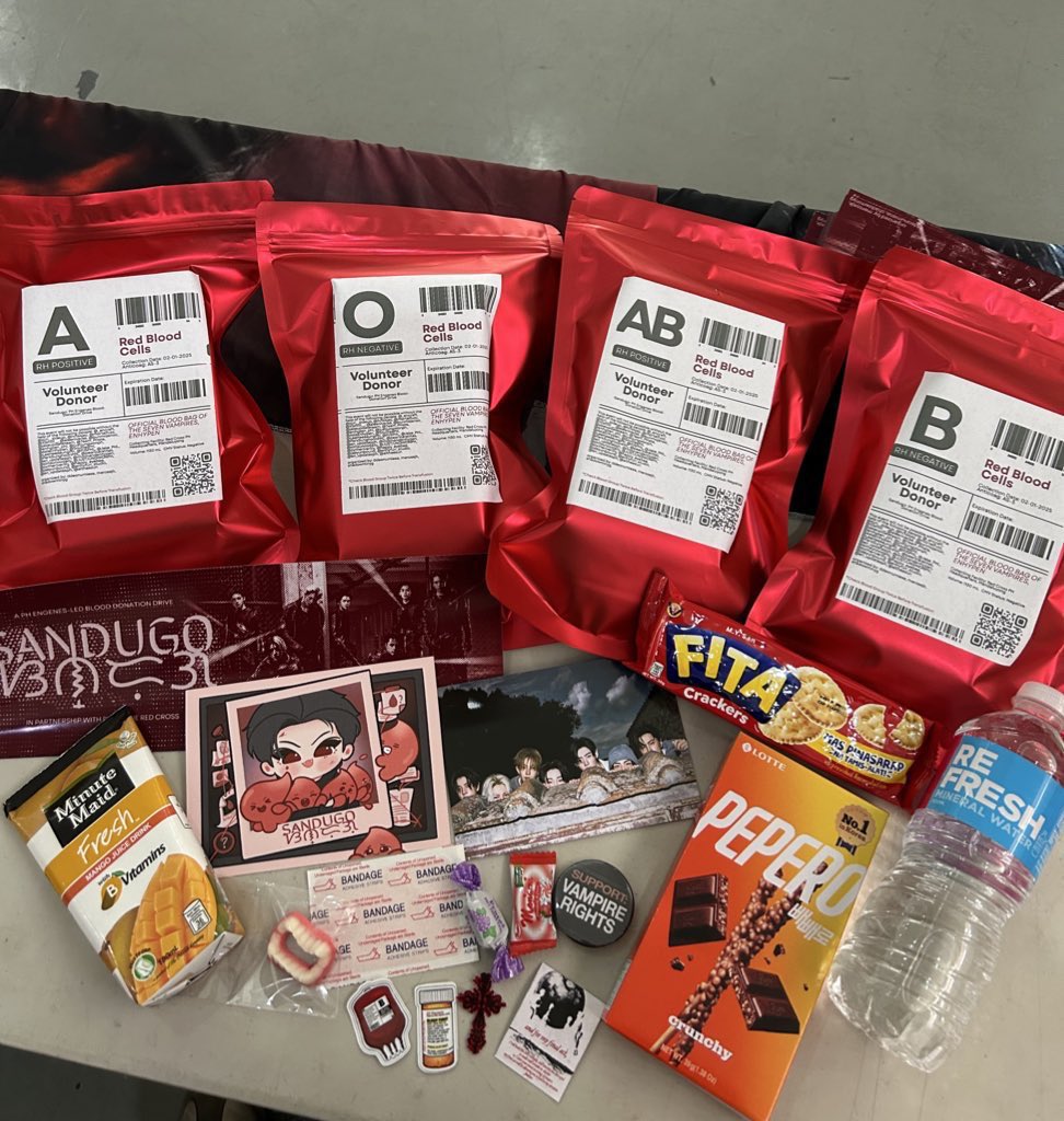 moonandenhypen's tweet image. ENGENE who will donate their blood will see the small kids in Red Cross shirts as well as blood bags with vampire gummies, Support Vampire Rights pins and stickers! So creative and for a good cause 

Hope ENHYPEN can be recognized by Red Cross globally for their impact
