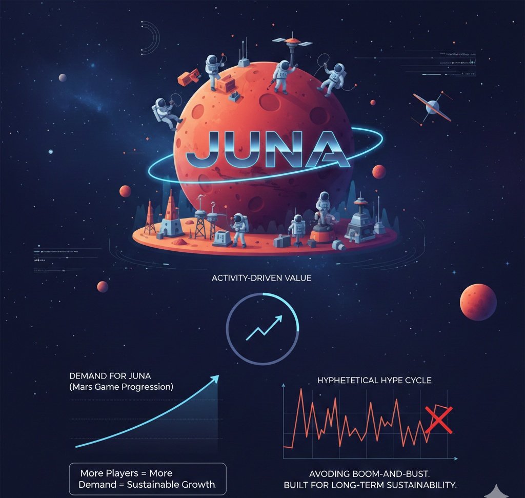 Agents_One's tweet photo. What I appreciate about $JUNA grows through player activity, not hype. As the Mars Game expands, more players use $JUNA to progress, which increases real demand. This activity driven model supports long term sustainability instead of short. https://t.co/pcXPvjrp7y