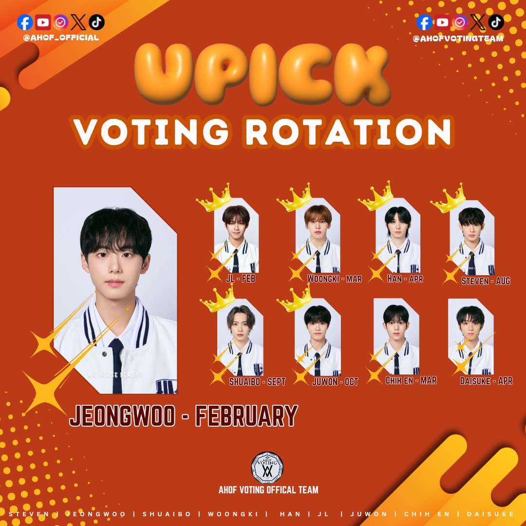 [📢]  𝗔𝗛𝗢𝗙 𝗫 𝗨𝗣𝗜𝗖𝗞 𝗔𝗥𝗧𝗜𝗦𝗧 (𝗕𝗢𝗬) 𝗥𝗢𝗧𝗔𝗧𝗜𝗢𝗡 𝗨𝗣𝗗𝗔𝗧𝗘

It's FEBRUARY! It's JEONG WOO'S time for UPICK ROOKIE ARTIST (BOY). Voting starts at FEB 01 - 20, 2025! Please start collecting your BLUE and PINK JAM.

s.u-pick.io/dl/fLqptS7dMnm…

FEBRUARY | JL [DONE]