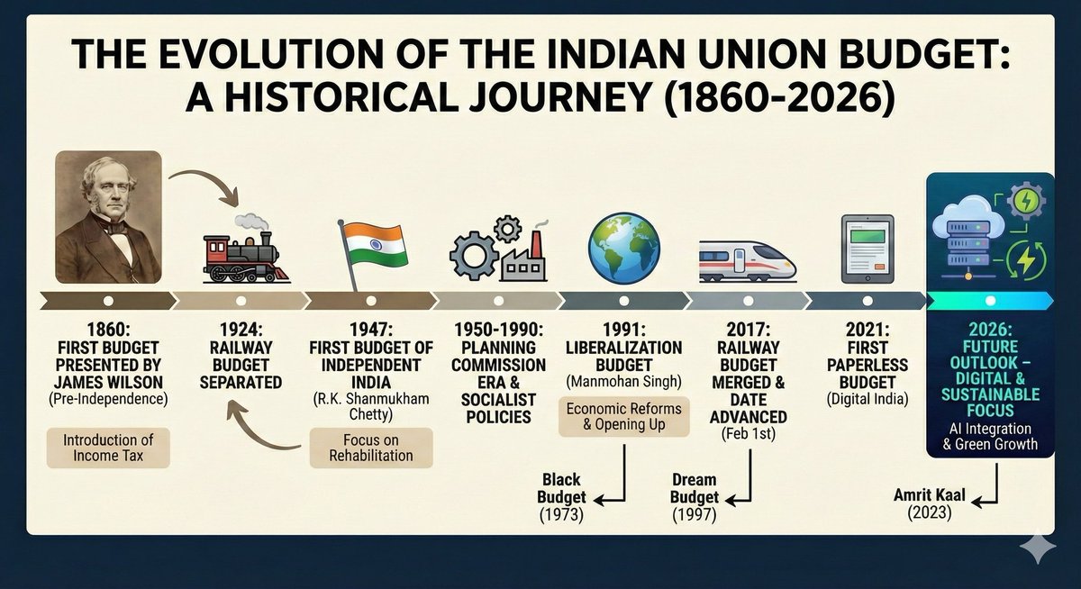 yourcutie07's tweet photo. As the nation witnesses  the Union Budget 2026 today, it is vital to understand the long road we have travelled to get here.
​From paper to paperless, from restriction to liberalization. A fascinating timeline. #BudgetDay #IndianEconomy #UnionBudget2026 #DigitalIndia #AmritKaal https://t.co/hD76TnbzyZ
