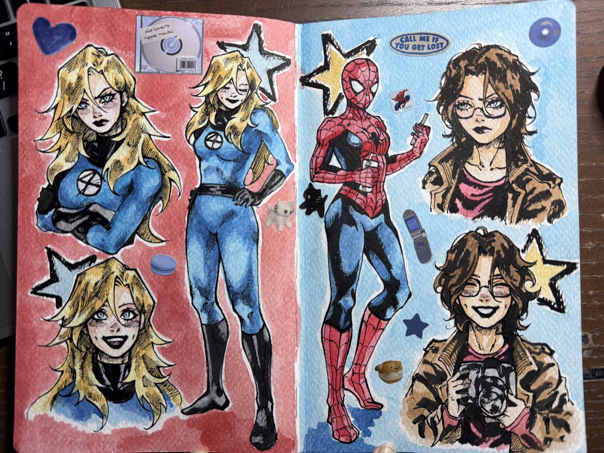 procrastinating on my spideytorch yuri art by drawing genderbent spideytorch in my sketchbook 😋