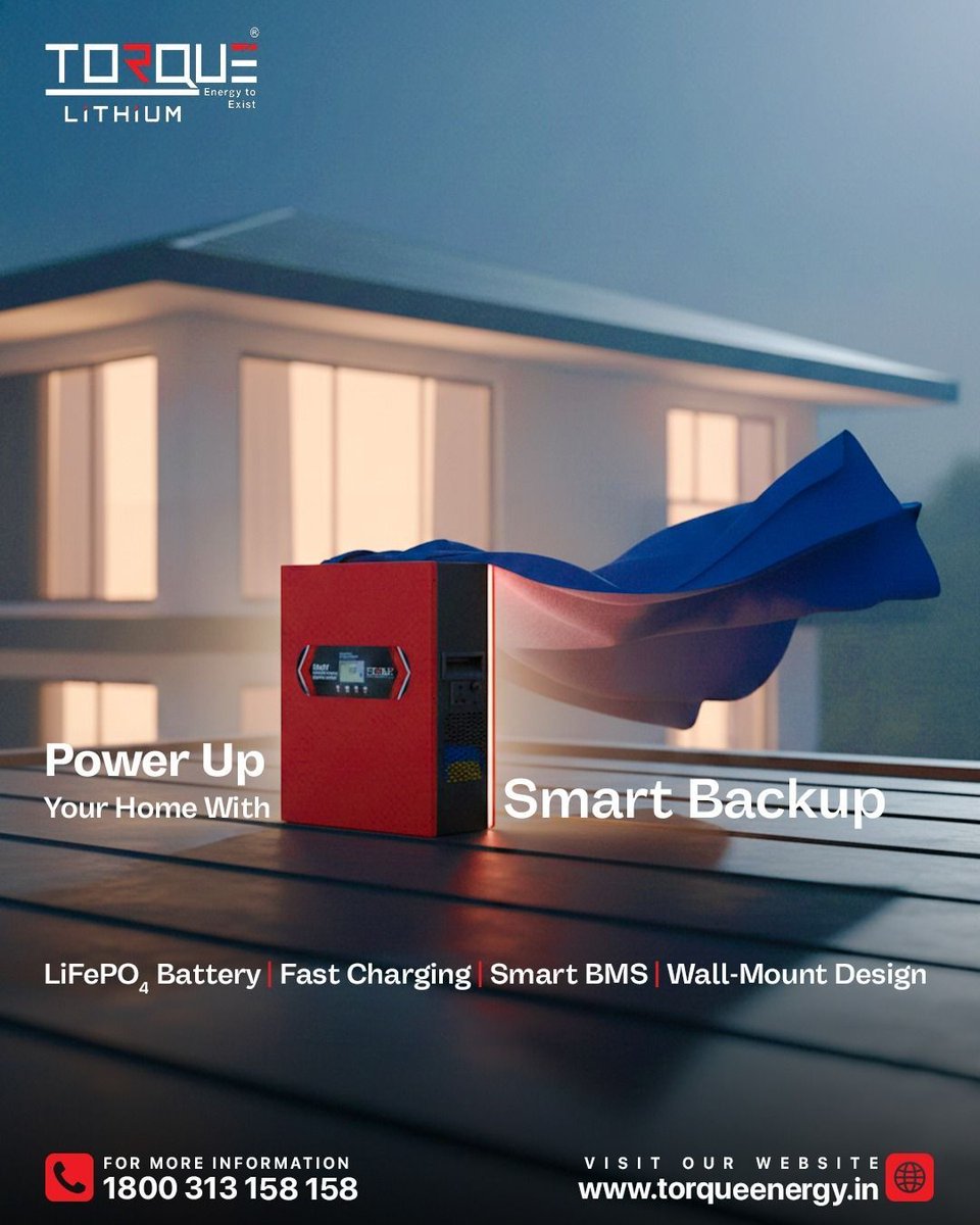 Torque_Energy's tweet photo. ⚡ Power cuts? Not anymore.

Torque Lithium delivers fast charging, smart BMS &amp; long-lasting backup for modern homes.
No noise. Just power.

#TorqueLithium #SmartBackup #PowerBackup https://t.co/HMUBSIH1Qo