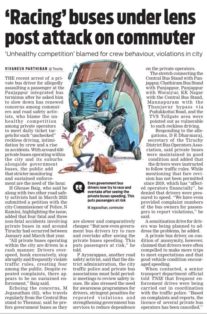 The arrest of a private bus driver at #Panjappur IBT for assaulting a passenger has renewed concerns over rash driving, intimidation by crew and unsafe competition among #privatebus operators in #Trichy, with activists seeking monitoring,  sustained enforcement <a href="/xpresstn/">TNIE Tamil Nadu</a>