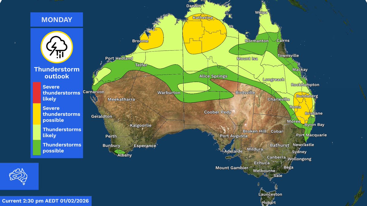 BOM_au's tweet photo. #Showers & #thunderstorms for parts of east coast & northern #Australia on Sun.
On Mon severe thunderstorm risk for #SEQld & storms in #northernAustralia.
By Tue storms to ease for east coast. However increased activity for western #Qld & NW #NSW.
Latest: https://t.co/jlOoTZL1iF https://t.co/OrROD8Kyiw