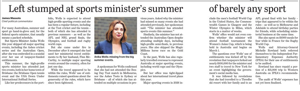 James Massola complaining that Annika Wells hasn't attended sporting events, after helping shoot her down for attending such events.
He really is little more than a gossip-monger's arsewipe.